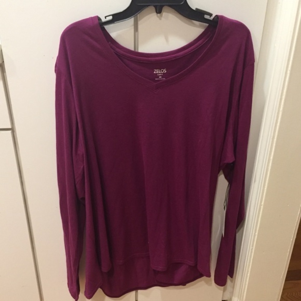Zelos Long Sleeve V-neck Activewear Top - Wine 2X, 3X NWT